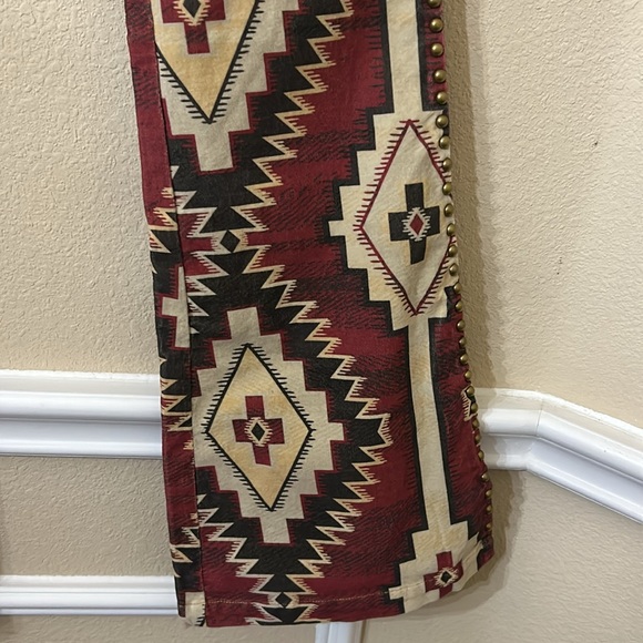 Double D Ranch Flare Pants Red and Cream Geometric Design - Picture 7 of 9